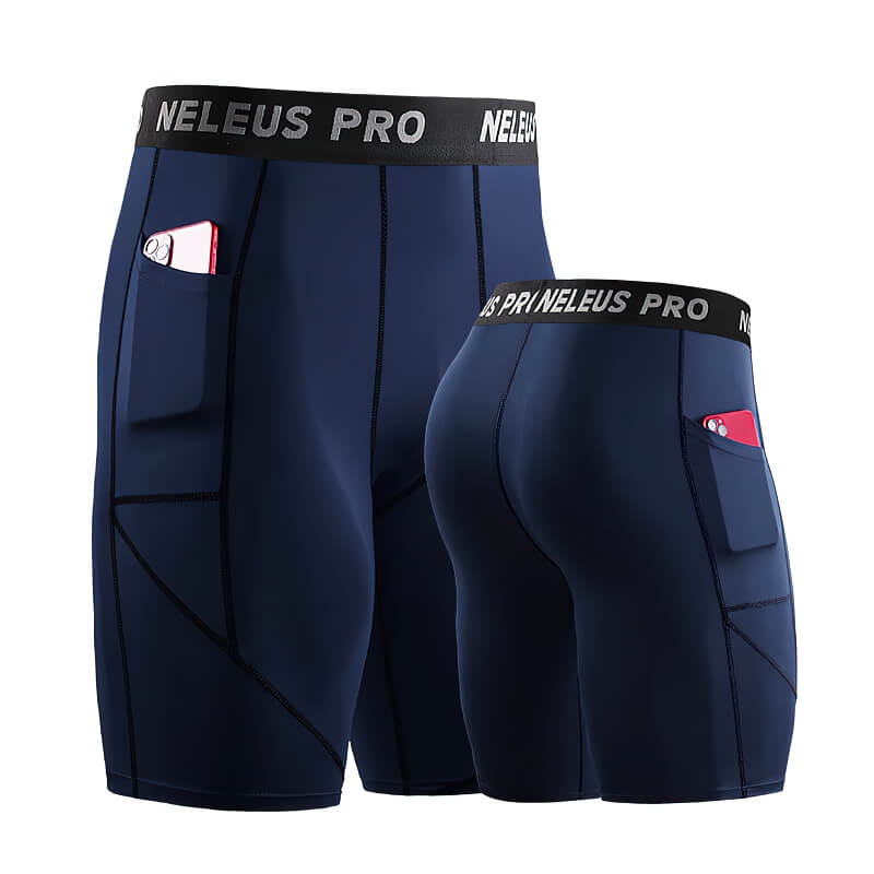 Men's compression workout shorts in navy with phone pockets, made from polyester and spandex for flexibility and comfort.