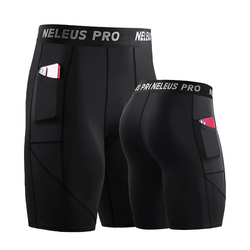 Black male elastic short compression tights with pocket details for workout, featuring a tight fit and patchwork design.
