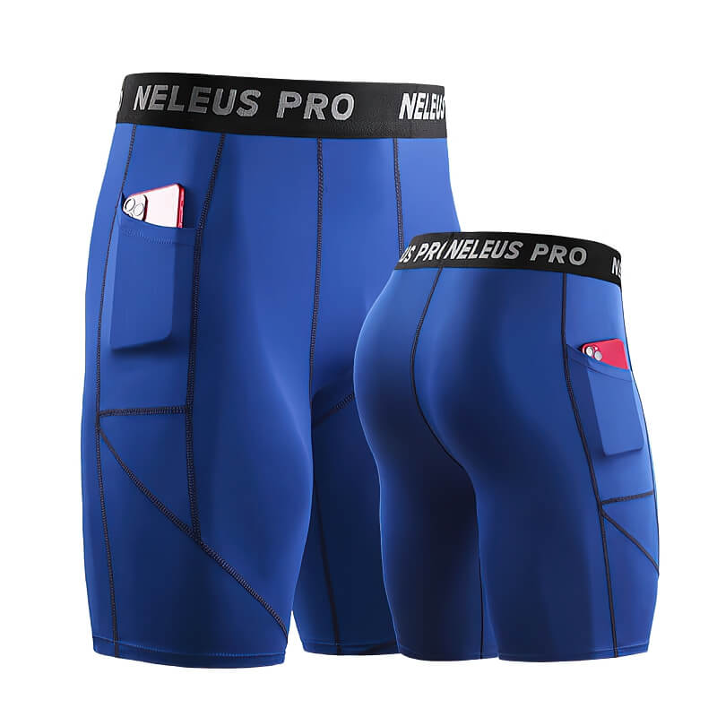 Blue male elastic short compression tights with phone pockets, designed for workout and sports flexibility.