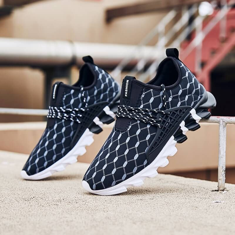 Stylish male mesh running shoes with gingham pattern, designed for comfort with breathable fabric and flexible EVA sole, model SF0762.