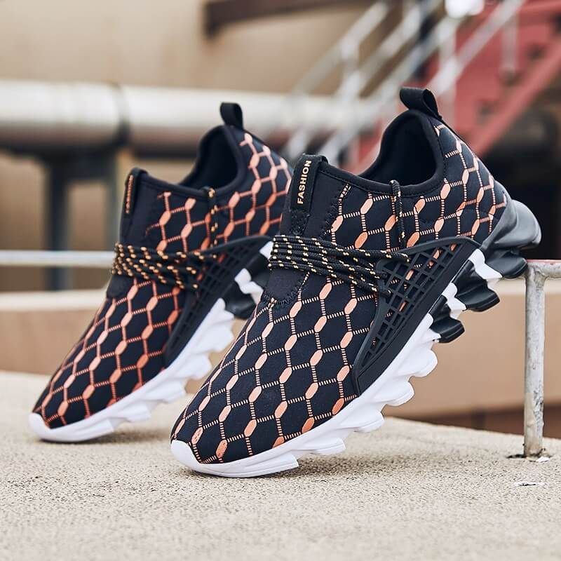 Trendy male mesh running shoes SF0762 with gingham pattern and lace-up design on urban rooftop.