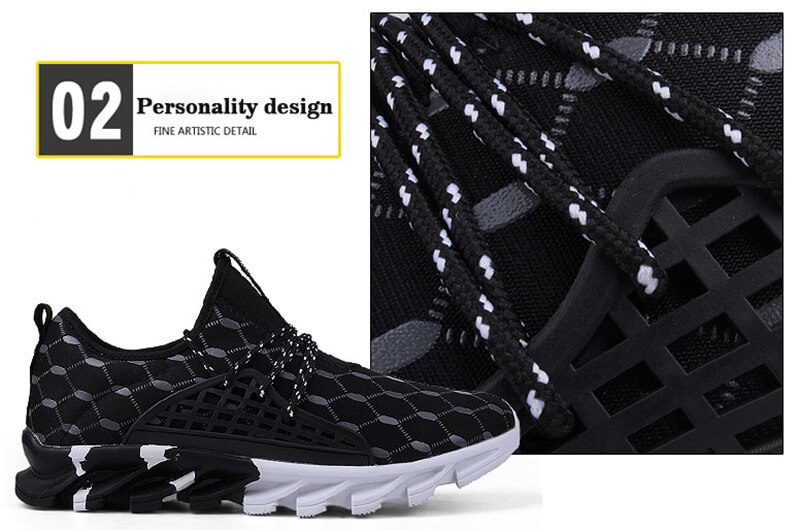 Black mesh running shoes with white lattice sole and gingham pattern detail, featuring breathable fabric and lace-up closure design.