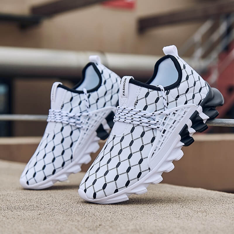 Stylish male mesh running shoes with gingham pattern, EVA sole, and lace-up closure, ideal for casual walking and running.