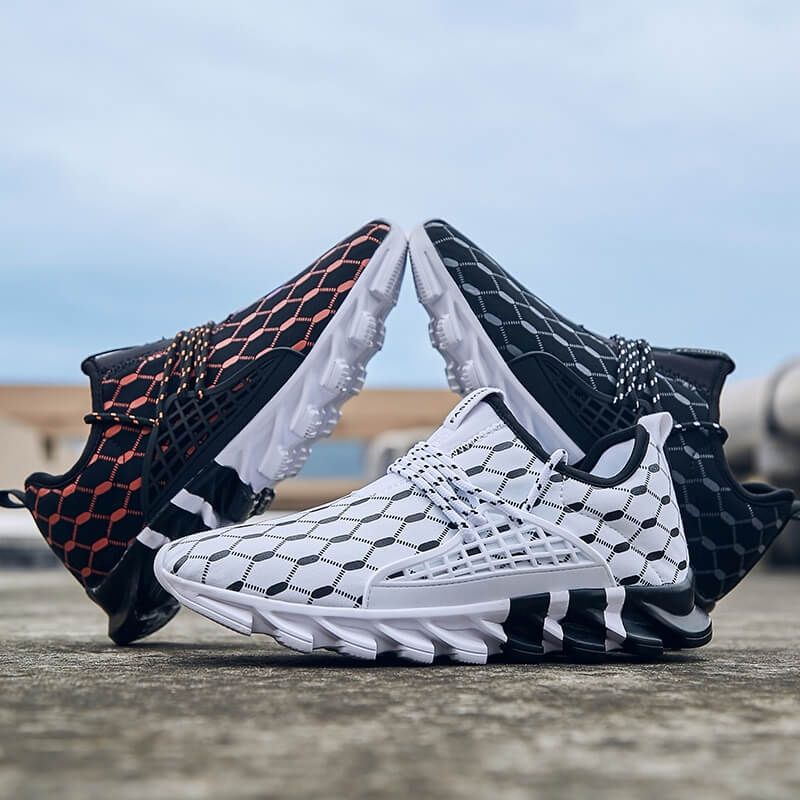 Three pairs of male mesh running shoes in red, black, and white with gingham pattern, offering breathable comfort and stylish design.