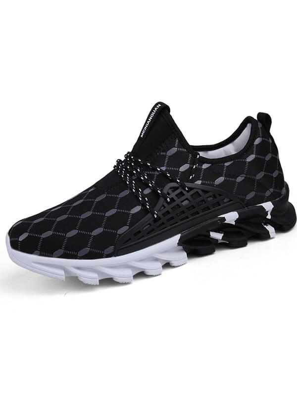 Black male mesh running shoes SF0762 with gingham pattern and lace-up design, featuring breathable stretch fabric and flexible EVA sole.