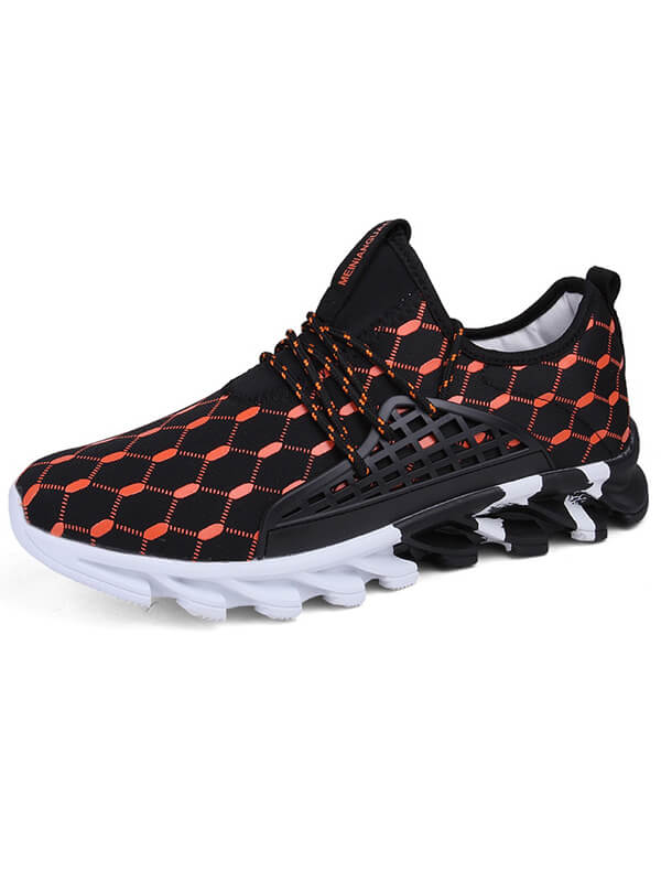 Black and orange mesh running shoes with a gingham pattern and cushioned sole, ideal for comfort and breathability during casual walks.