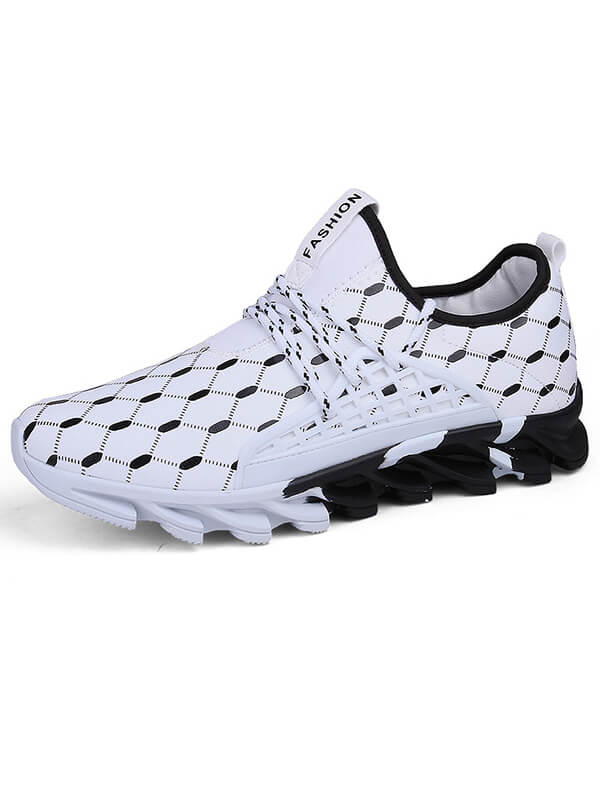 White mesh running shoe with black pattern, lace-up closure, flexible sole, breathable fabric for casual walking or sports.