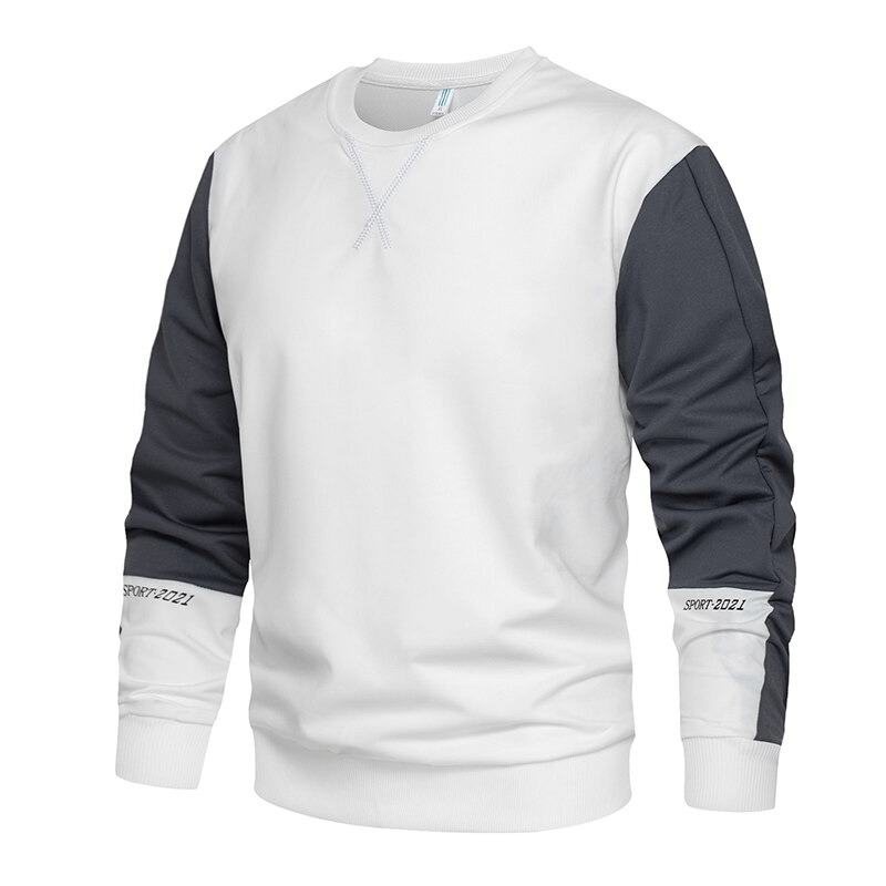Stylish male patchwork long sleeve pullover with o-neck, white and dark sleeves, made from polyester. Fashionable and comfortable wear.