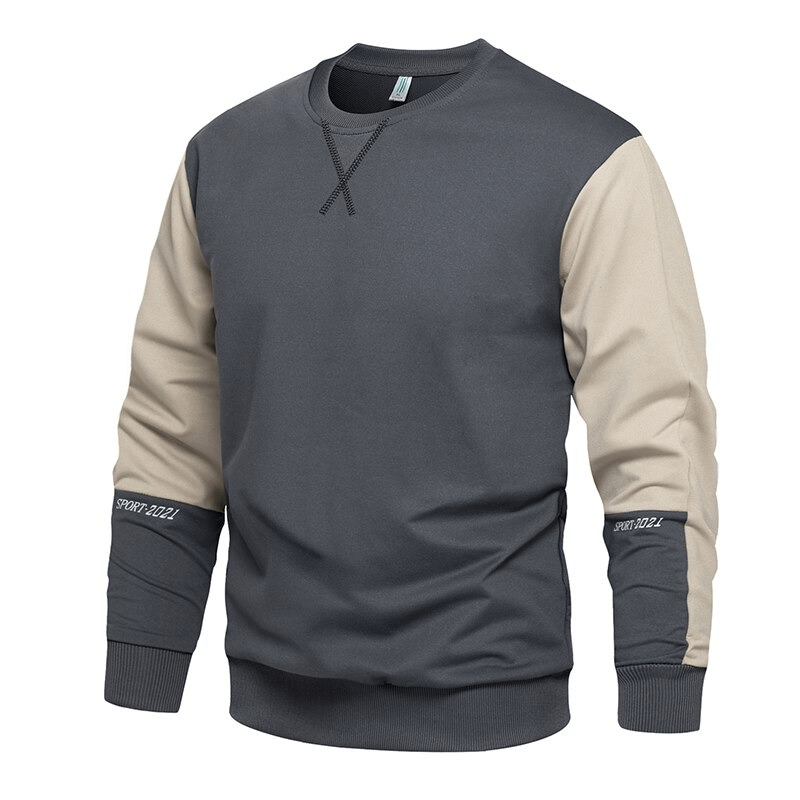 Stylish male patchwork long sleeves pullover with o-neck design in grey and beige, perfect for casual fashion.