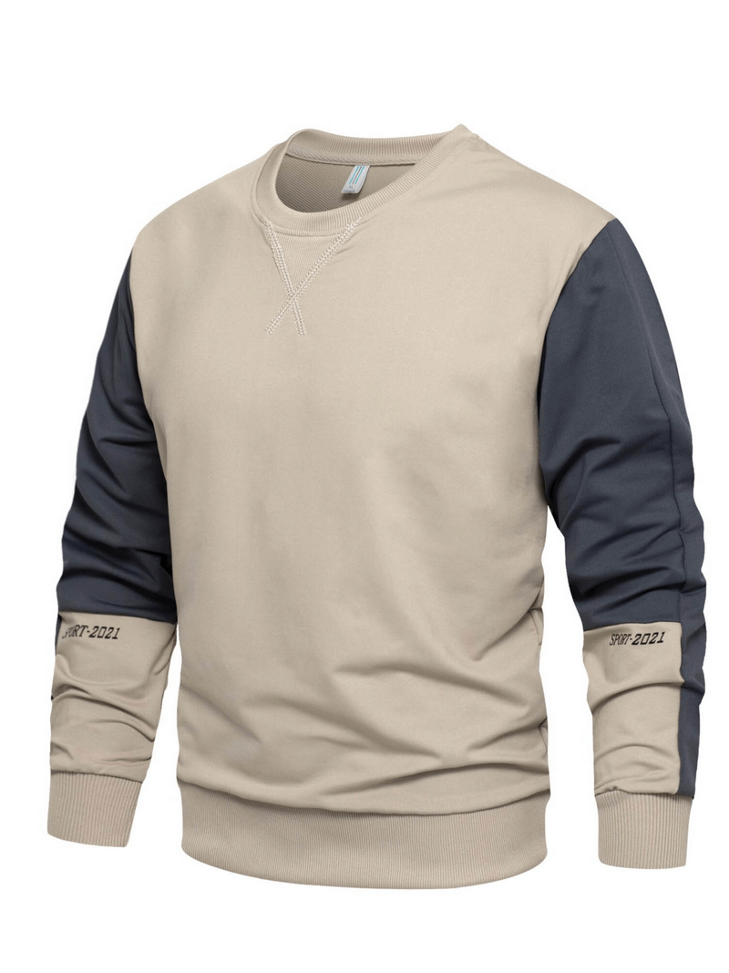 Men's patchwork pullover with long sleeves and fashion o-neck, featuring stylish gray and beige color pattern. Perfect casual wear.