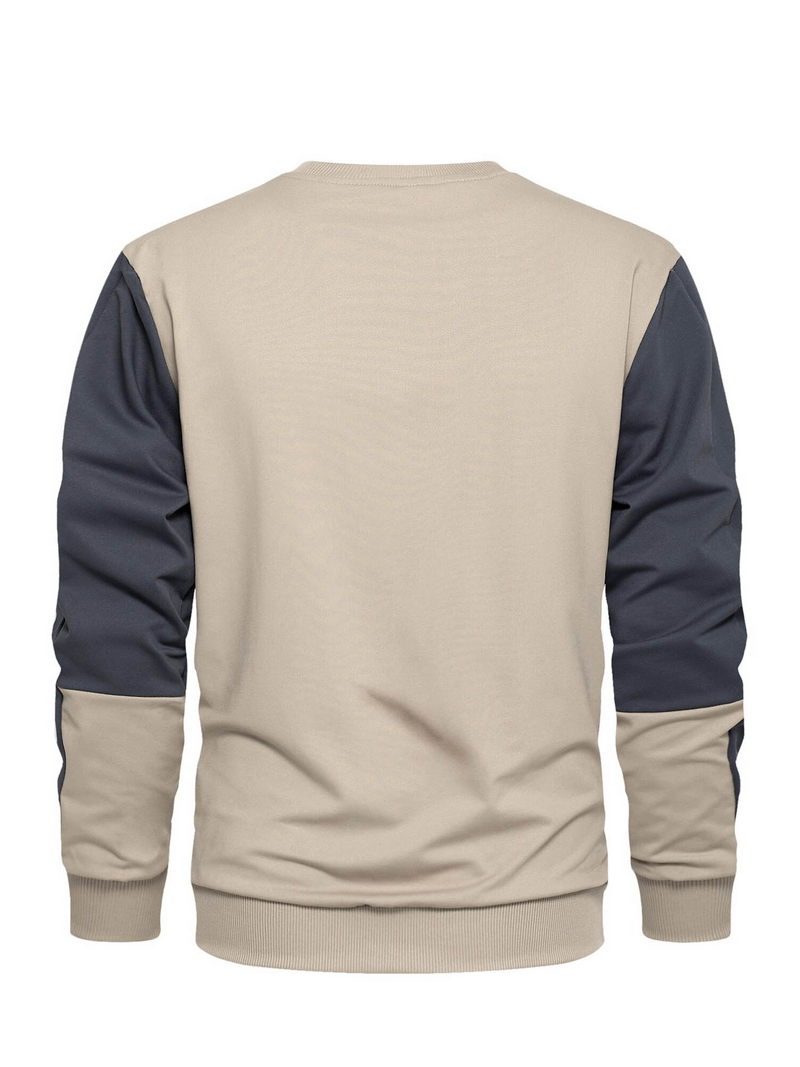 Male patchwork long sleeves pullover, beige with navy sleeves, o-neck design, casual fashion.
