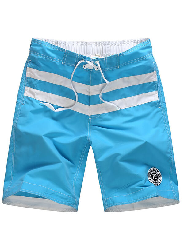 Blue striped quick-dry male boardshorts for surfing and beach activities, made from breathable polyester.
