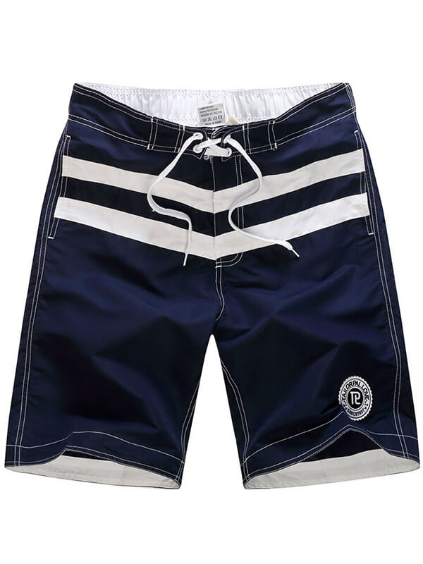 Stylish navy and white striped male quick dry boardshorts for surfing, perfect beachwear for active outdoor adventures.