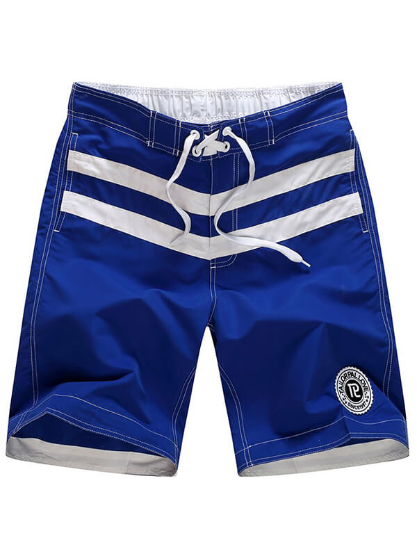 Stylish blue male quick dry boardshorts with white stripes, perfect for surfing and beach activities, featuring breathable material.