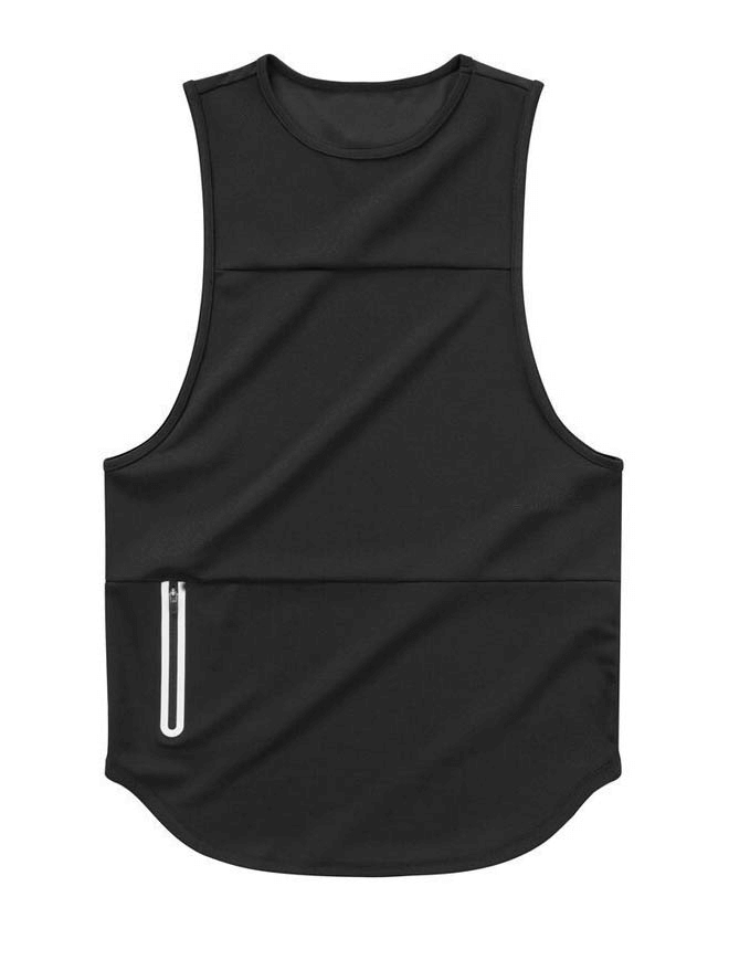 Black quick-drying bodybuilding tank top with pocket, breathable gym sportswear for men, featuring an o-neck collar.