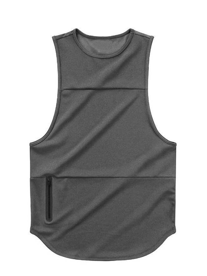 Gray quick-drying bodybuilding tank top with pocket and o-neck collar, perfect for gym sportswear and active comfort.