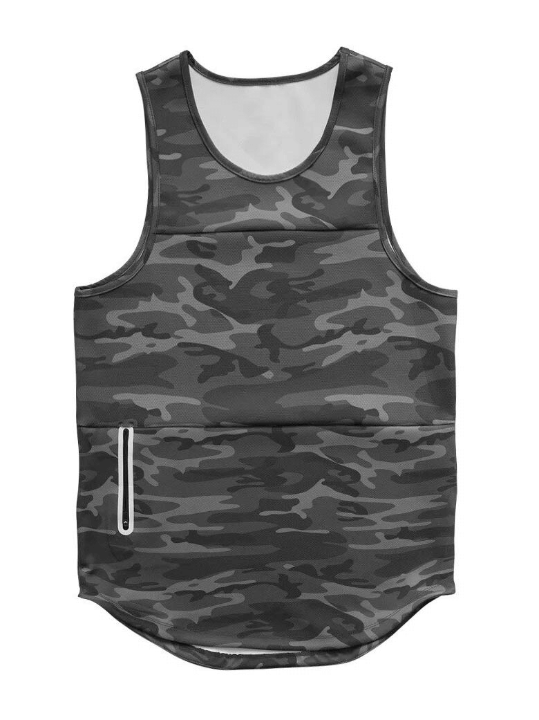 Camouflage quick-drying bodybuilding tank top with pocket, ideal for gym sportswear.