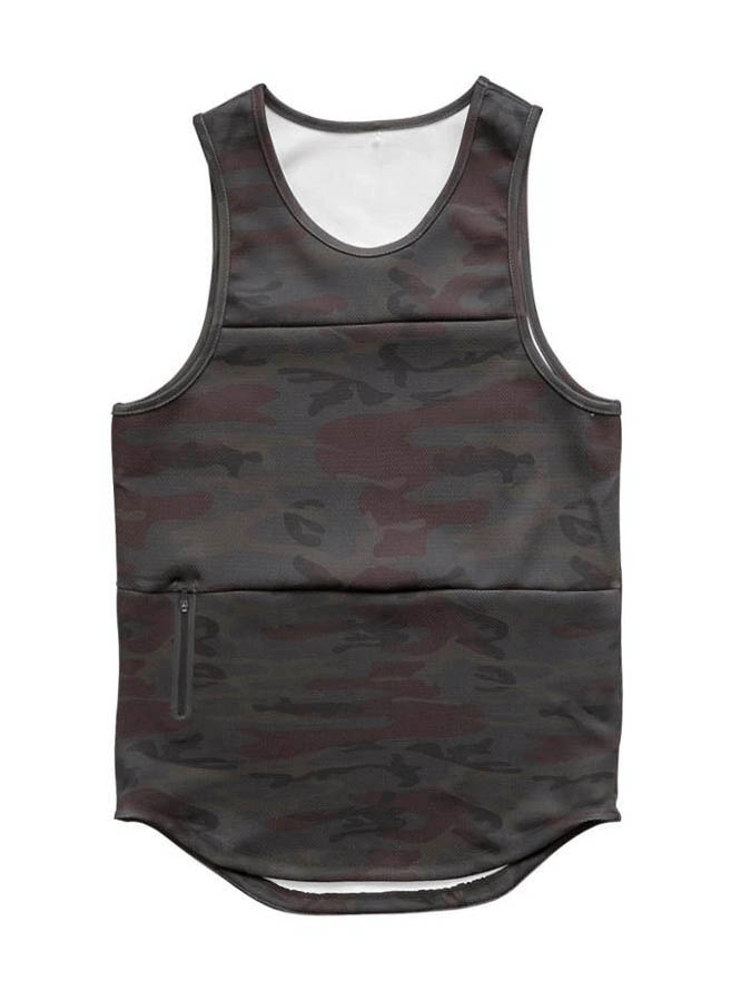 Camouflage male quick-drying bodybuilding tank top with pocket, ideal gym sportswear featuring breathable cotton and fashionable o-neck.