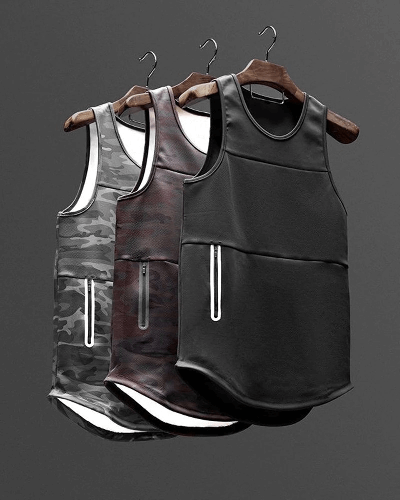 Quick Dry Male Bodybuilding Tank Tops with Pocket in Black, Camo, and Grey - Gym Sportswear