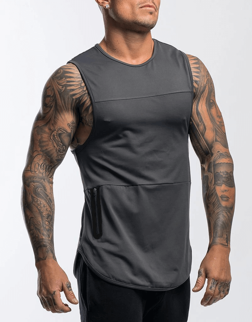Alt Tag: Male quick-drying bodybuilding tank top with pocket, gym sportswear in black, featuring o-neck collar, perfect for active wear.