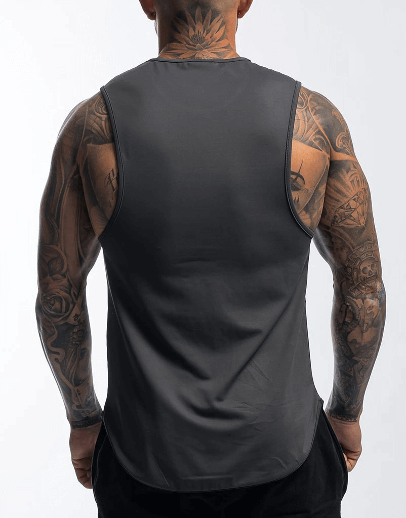 Rear view of a male model wearing a dark gray quick-drying bodybuilding tank top with tattoos visible. Ideal gym sportswear with pocket.