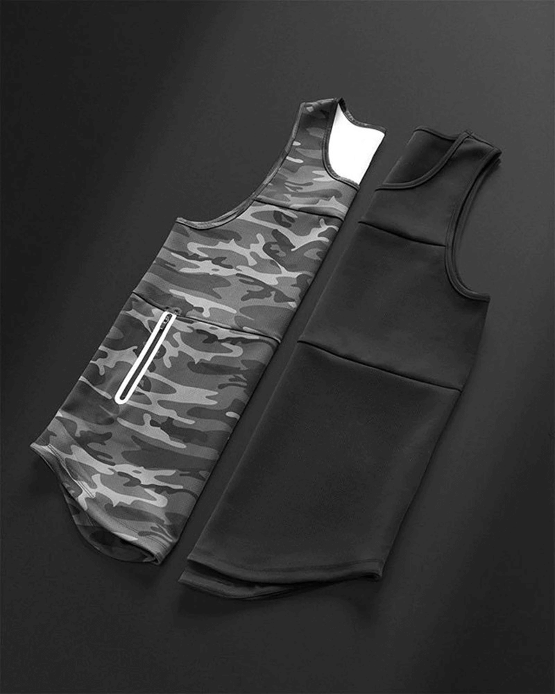 Camo and black quick-drying bodybuilding tank tops with pockets, perfect for gym and sports. Stylish, breathable, comfortable fit.