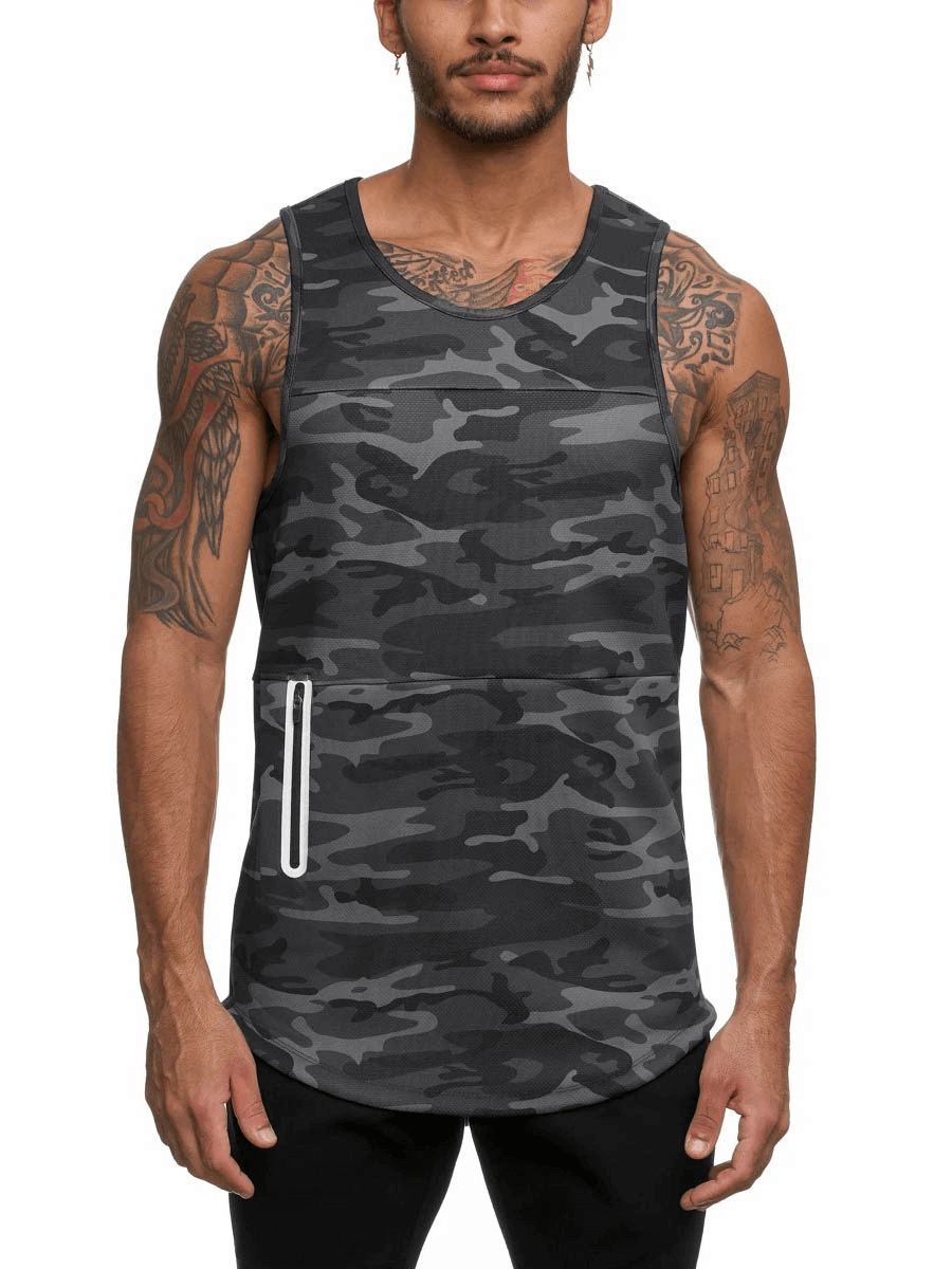Male camo quick drying bodybuilding tank top with pocket, stylish gym sportswear featuring breathable cotton for comfort and movement.