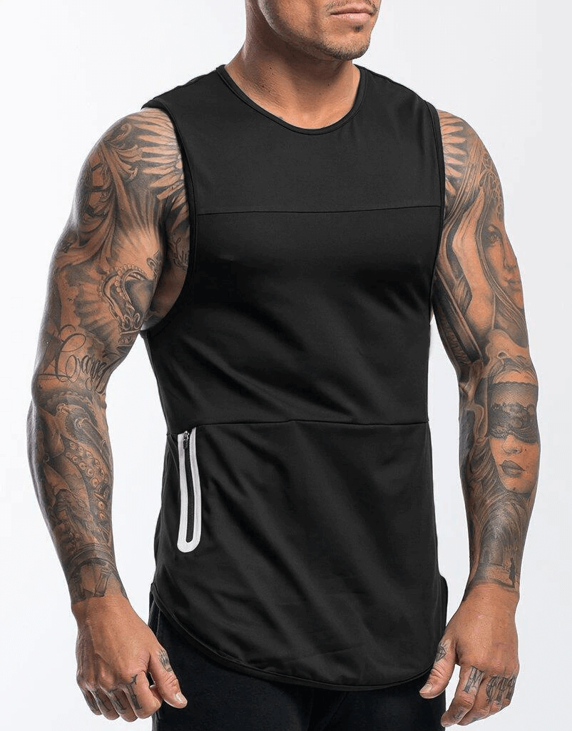 Male quick-drying bodybuilding tank top with pocket, ideal gym sportswear, black, featuring breathable cotton and stylish design.