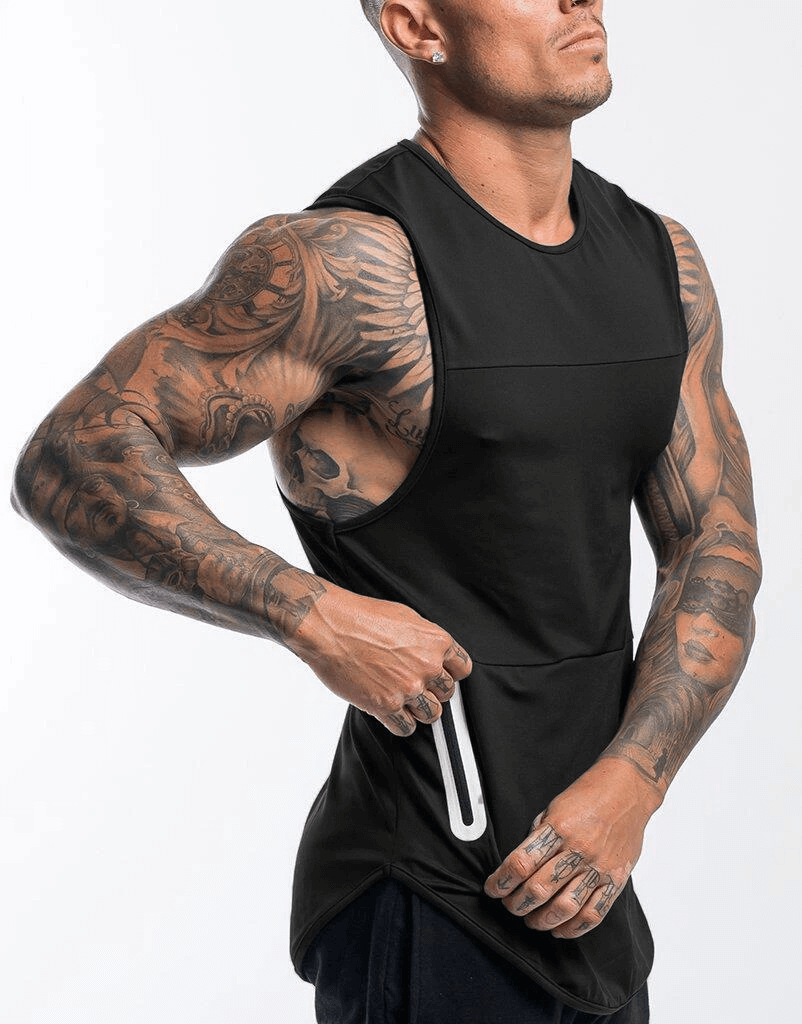 Male quick-drying bodybuilding tank top with pocket, black color, ideal for gym sportswear and active lifestyle - SF0313