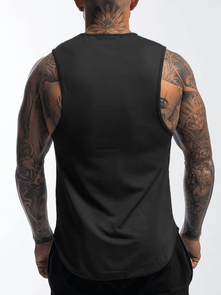 Back view of a male wearing a black quick-drying bodybuilding tank top with pocket, showcasing tattoos and athletic build.