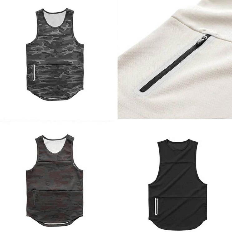 Camo and black quick-drying bodybuilding tank tops with pocket for gym sportswear, featuring breathable o-neck design, SKU SF0313.