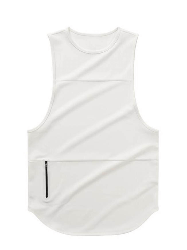White quick-drying bodybuilding tank top with pocket, ideal gym sportswear for active men, stylish and breathable design.