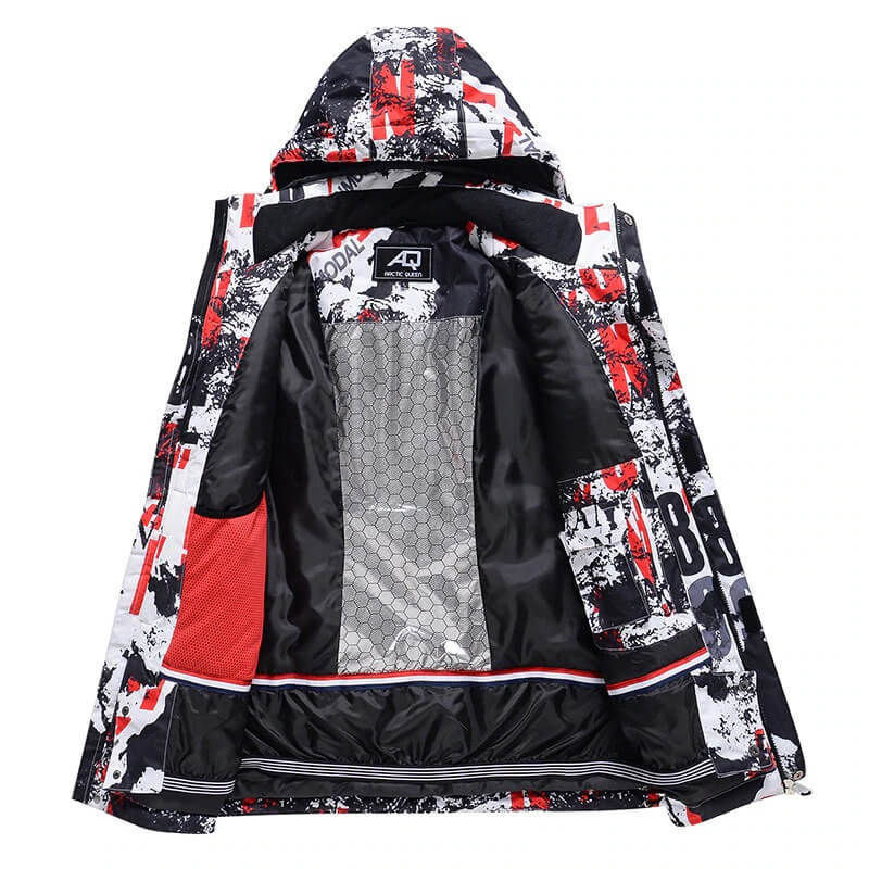 Men's ski jacket SF0635 with vibrant print, windproof and waterproof, featuring a hood and anti-pilling technology for peak performance.