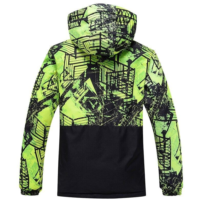 Green and black men's ski jacket with hood, featuring a bold abstract print. Windproof and waterproof, perfect for winter sports.