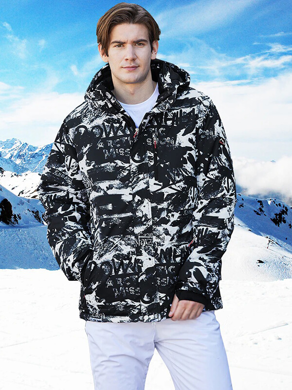 Male ski jacket with print, windproof and waterproof, perfect for stylish skiing. Anti-pilling ensures long-lasting quality. SF0635.