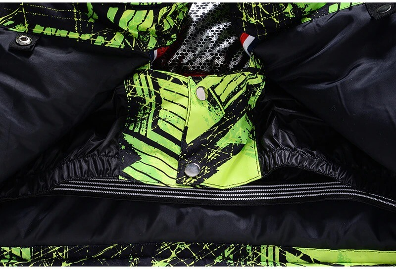 Inside view of male ski jacket SF0635 showing windproof polyester and vibrant green print design.