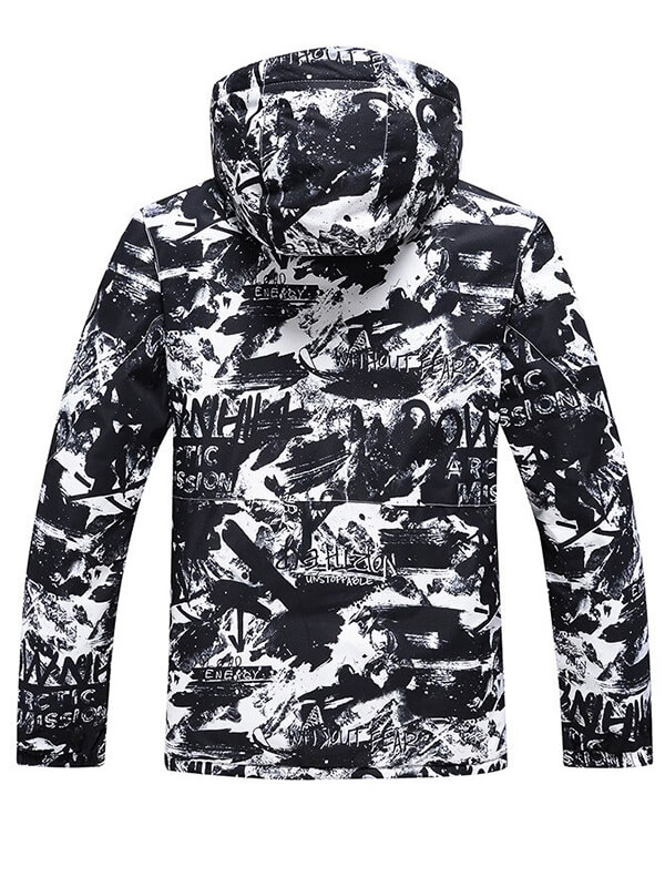Men's ski jacket with black and white print, hooded, waterproof and windproof, SF0635 model for stylish snow adventures.