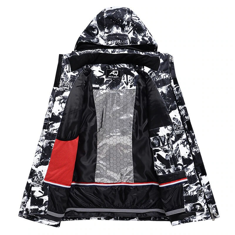 Open view of men's ski jacket SF0635, featuring windproof, waterproof print design, showing inner lining details.