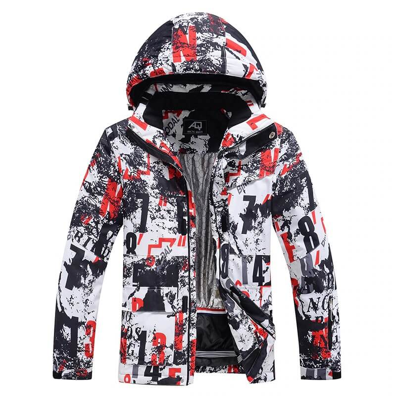 Men's ski jacket with print, windproof and waterproof, SF0635. Ideal for skiing. Stylish, warm, breathable outerwear. Red, black, white design.