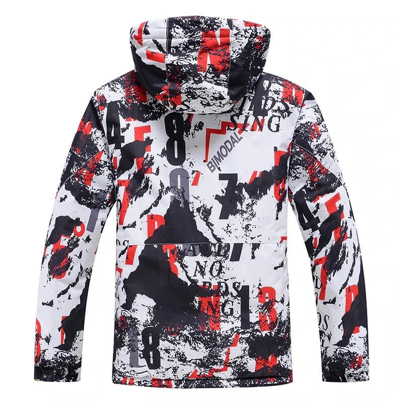 Men's ski jacket SF0635, windproof waterproof, bold print, perfect for warm and stylish skiing adventures, rear view.