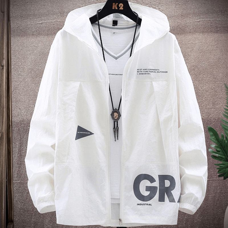 Male slim lightweight sports windbreaker jacket in white with zipper and hood, hanging on a rack, showcasing design details.