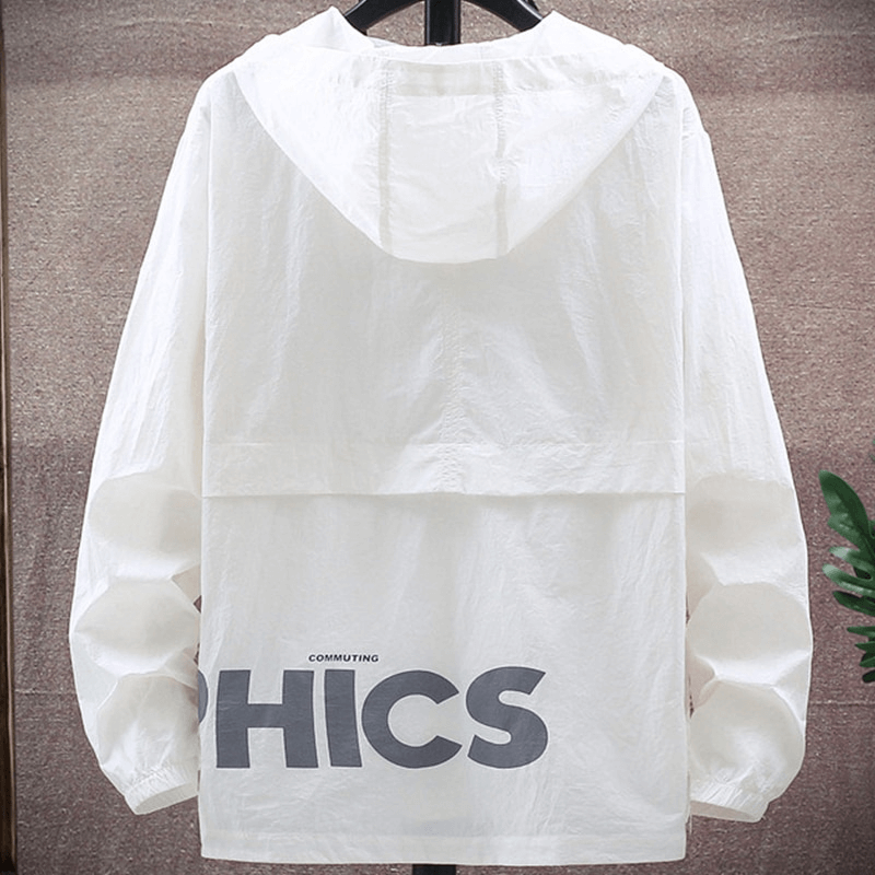 Back view of a white slim-fit male sports windbreaker jacket with hood, featuring bold CHICS text and lightweight design.