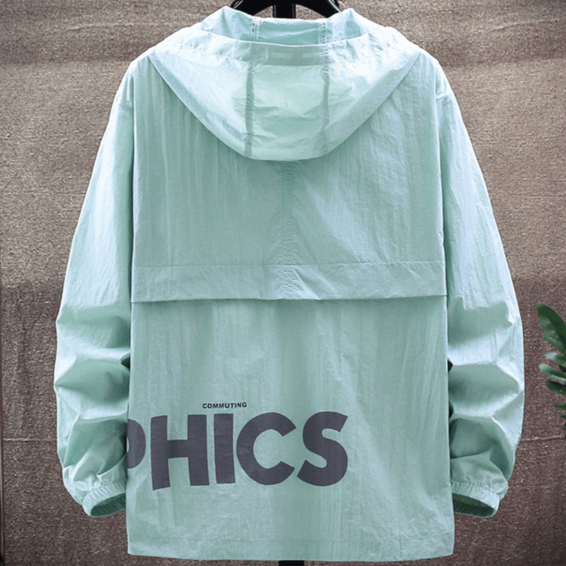 Mint green male slim lightweight sports windbreaker jacket with hood and text design on the back, perfect for outdoor activities.