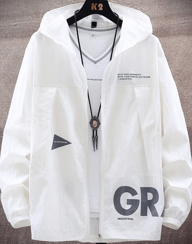 White slim lightweight men's windbreaker jacket with zipper, hood, and decorative pockets. Stylish outdoor activewear.