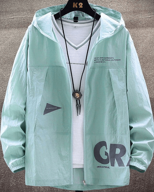 Mint green men's slim sports windbreaker jacket with hood and zipper, featuring stylish design and lightweight polyester fabric.