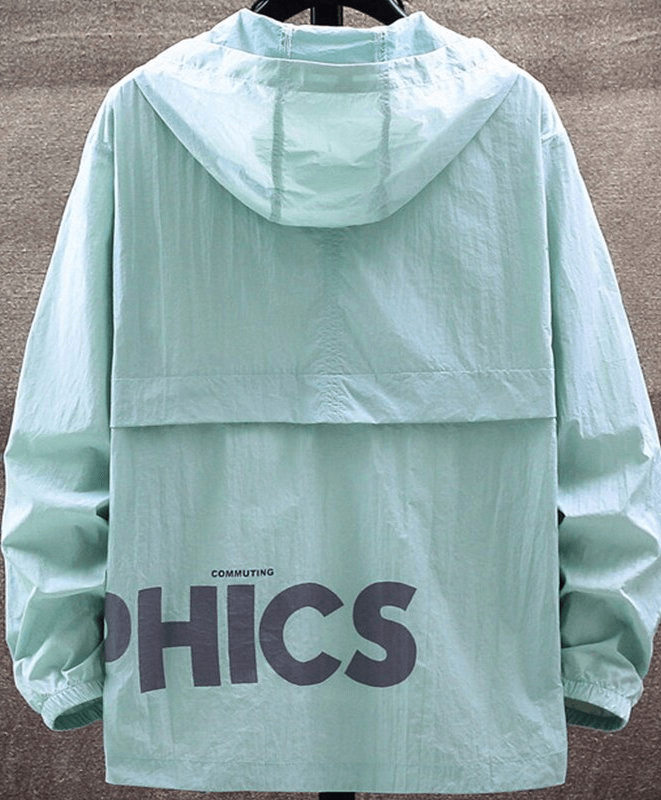 Back view of a mint green male slim lightweight sports windbreaker jacket with hood and zipper, featuring a bold graphic print.