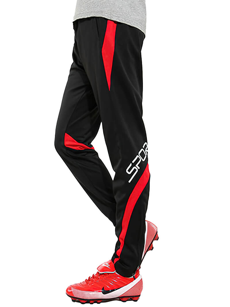 Black and red male sports elastic waist trousers for workout with sporty design.