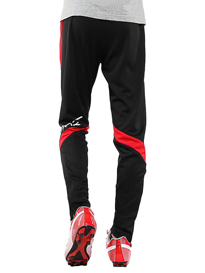 Male sports elastic waist trousers in black with red accents, perfect for workouts and running, featuring breathable polyester fabric.