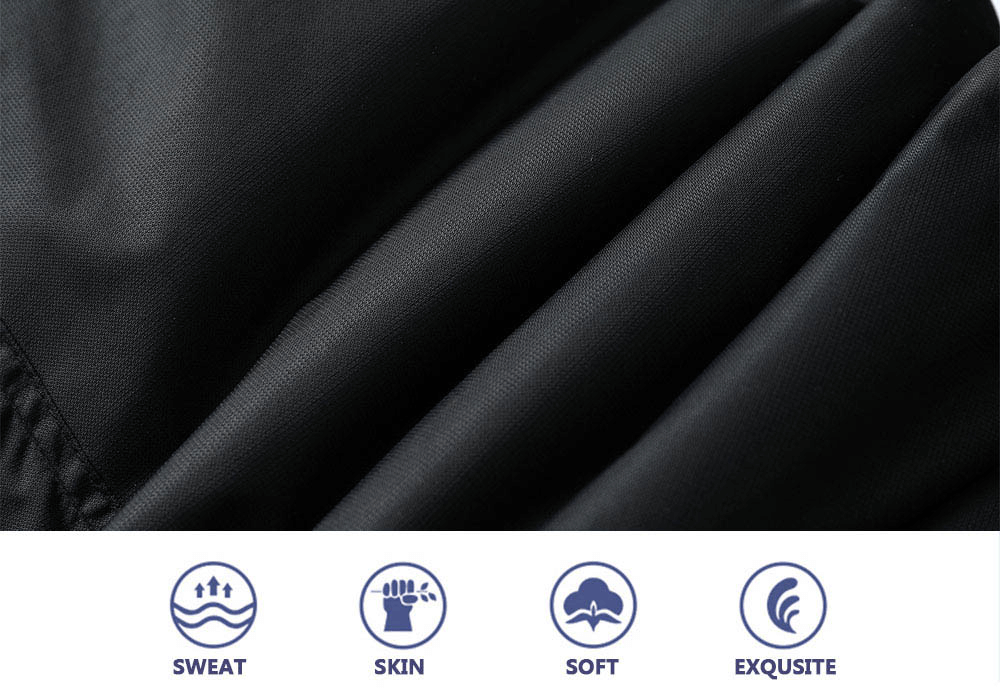 Close-up of black fabric emphasizing sweat resistance, skin comfort, softness, and exquisite texture.