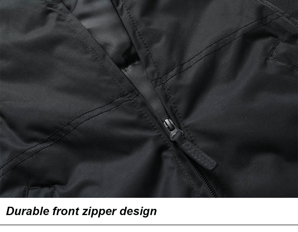 Close-up of durable front zipper on black male snow pants, featuring adjustable elastic straps for winter sports like skiing and snowboarding.